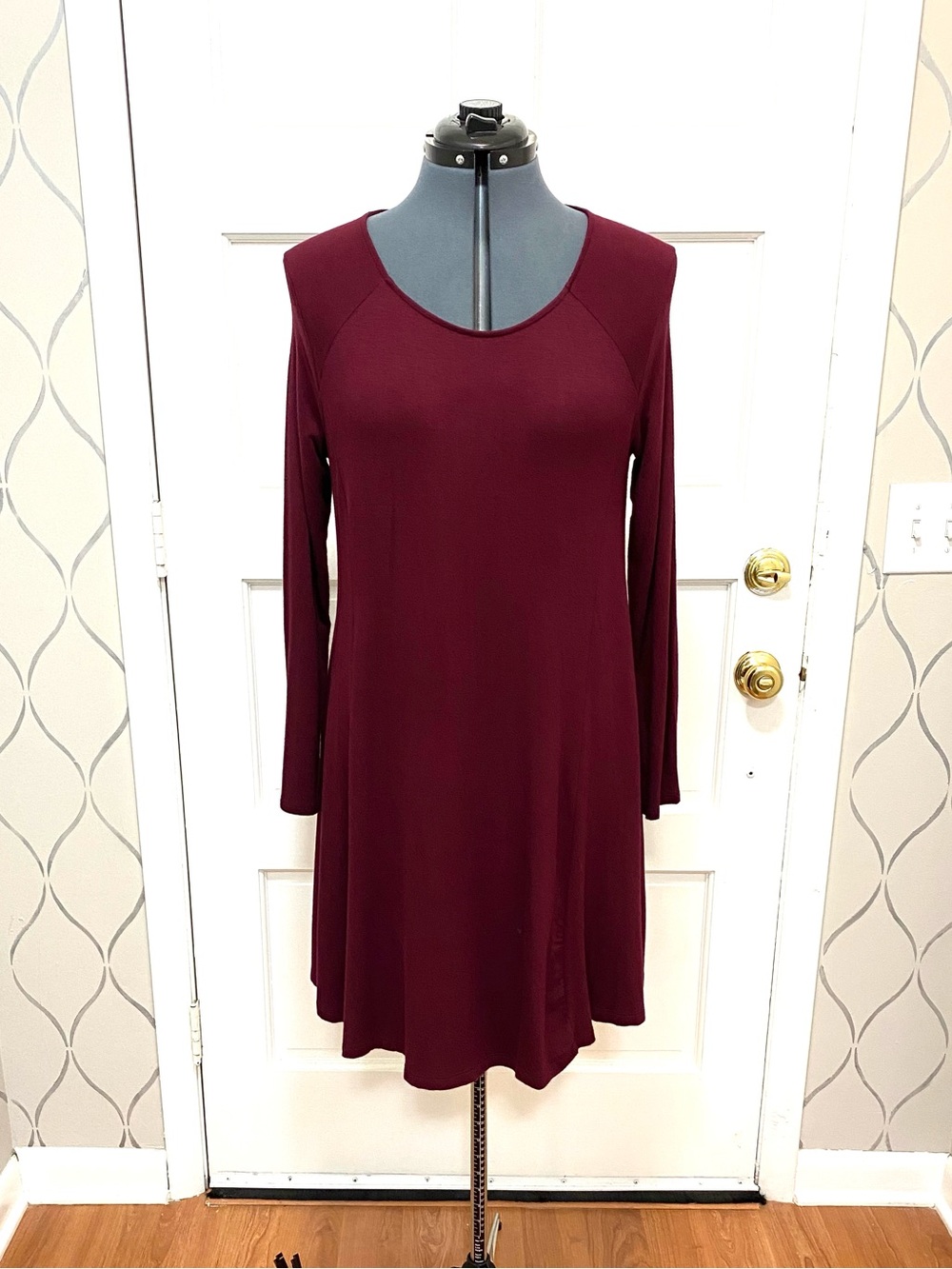 LUSH Burgundy Swing Dress Long Sleeve Stretch Knit L #12